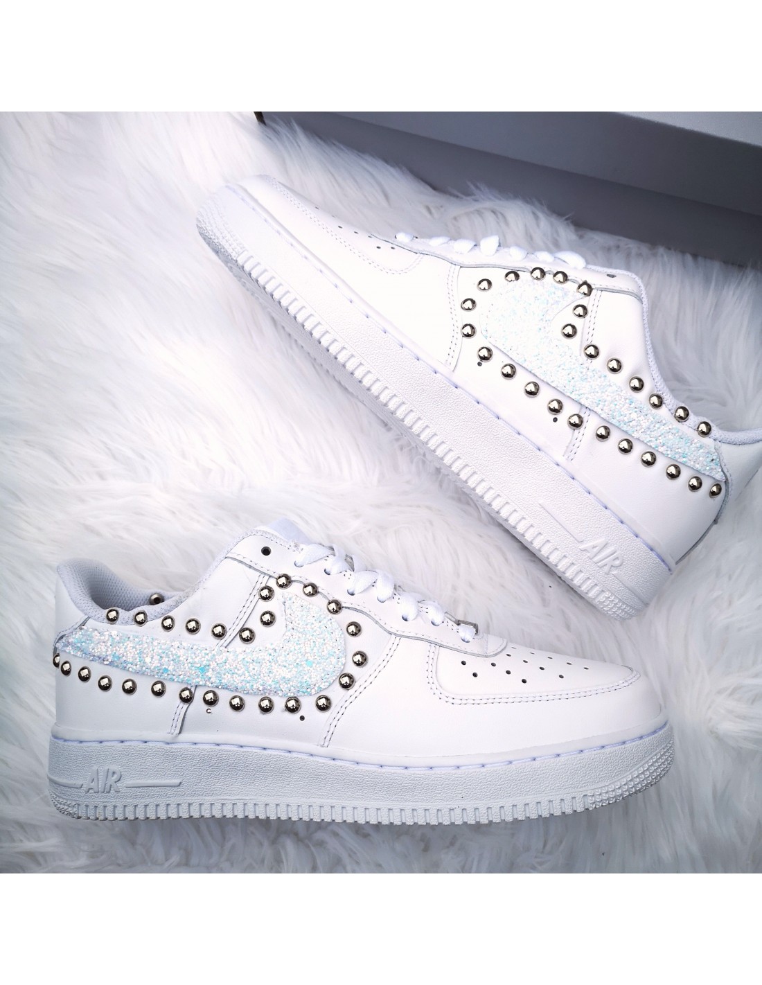 Nike Air Force One AF1 baffo Glitter Frozen e Sfere Argento